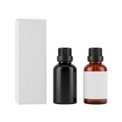 Fototapeta premium Black and brown glass bottles with black cap and packaging box isolated on transparent background