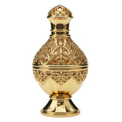 Luxurious gold perfume bottle with ornate design isolated on transparent background