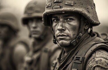 Naklejka premium Sepia toned image shows soldiers in helmets. Military stands, wearing uniform. Men in armed forces look serious, focused. Veterans shown. Image about war, army, patriotism. Brave warriors honor