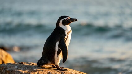 Penguin Standing by the Ocean at Sunset Wildlife Nature Background