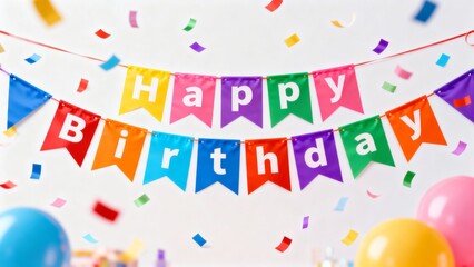 Happy Birthday Colorful Party Banner with Confetti Celebration Background