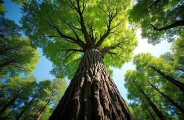 Giant old tree trunk rises towards bright blue sky surrounded by rich green foliage. Sunlight filters through canopy creating dappled light patterns on bark. Tall trees form dense forest canopy.