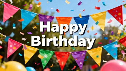 Happy Birthday Colorful Party Banner with Confetti Celebration Background