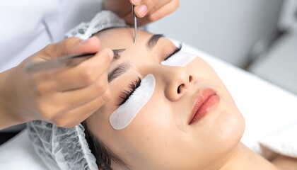 A close-up view shows a beauty procedure being performed on a woman's eyes, using tools for cosmetic enhancement