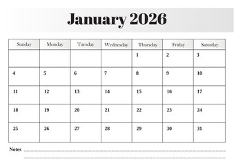 January 2026 monthly calendar vector design featuring a clear grid layout