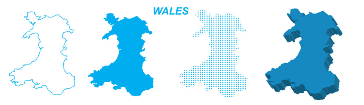 Wales Map Vector Set, UK Outline Silhouette Dotted 3D Solid Shapes, Wales Country Infographic Template, Editable EPS Wales Geography