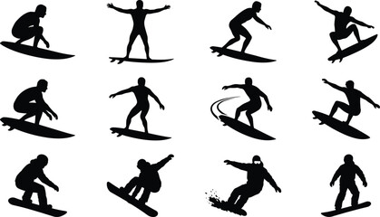 vSnowboarder silhouette action poses set winter extreme sport riding jumping carving isolated black figures on white background collection