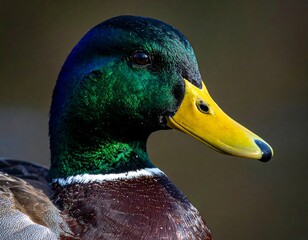 Mallard duck portrait; green head, yellow beak, black tip, brown chest, dark blurred background, close-up and side-profile