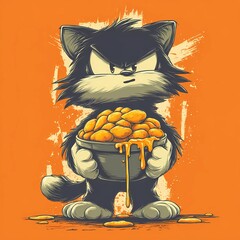 A cartoon illustration of a cat holding a big  bowl of chips  and dip