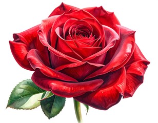 Lush, digitally rendered, vibrant red rose with green leaves against a plain white backdrop