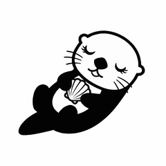 Cute cartoon sea otter holding a shell while floating peacefully.