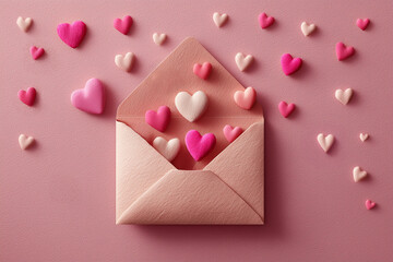 Open envelope with textured hearts on pink background for Valentine's Day