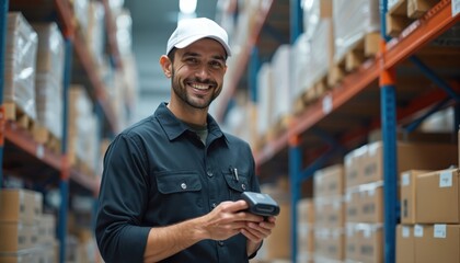 Warehouse worker scans packages in distribution center. Man uses handheld scanner to check boxes. Employee smiles at camera, inspects stock. Storehouse shelves are full of parcels ready for delivery.