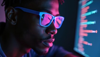 Man with glasses works late on computer screen glow. Person focused on coding in dark room, neon light reflection on lenses. Digital life and remote work concept.