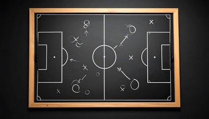 A soccer field drawn on a chalkboard, illustrating a play. The board has a wooden frame, set against a dark background
