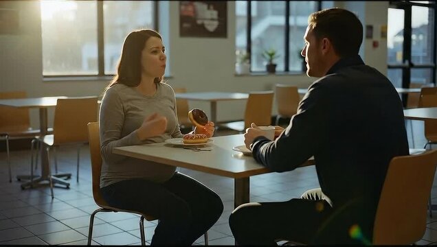Couple Enjoying Lunch Together in a Bright Cafeteria Setting.