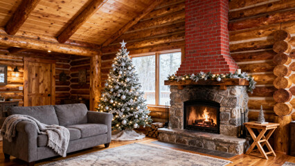 Cozy log cabin living room with Christmas tree and fireplace