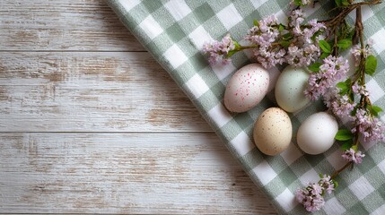 Cherry blossoms and eggs on white rustic wooden background