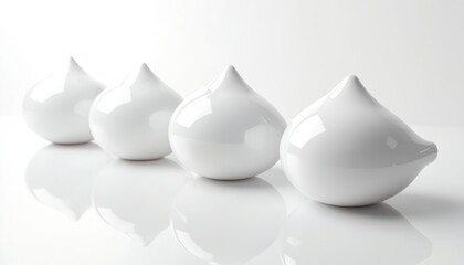 Four glossy white teardrop shapes line up on a reflective surface. These smooth, opaque spheres have a shiny finish and sharp pointed tops, appearing clean and minimalist.