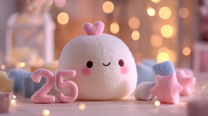 Kawaii plush toy sits on  wooden table beside Sale sign