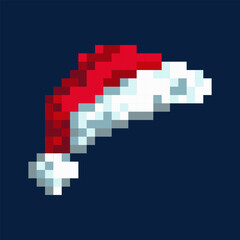 Pixel Santa red hat icon with white pom-pom. 8 bit holiday. Arcade game icon. Christmas and New Year celebration.