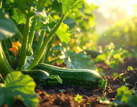 Lush, green zucchini plant growing in garden row with sunbeams shining through leaves on a bright summer day