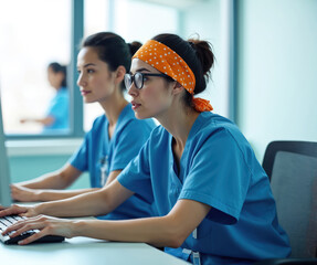 Obraz premium Two young female nurses in blue scrubs work on computer together. They sit at desk typing on keyboard in modern hospital office. Women have dark hair tied up and wear medical uniforms.