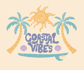  Surfing board with palm tree artwork. Coastal vibes design. Sunshine vintage design. Summer vibes artwork. Sun graphic artwork. Tropical abstract art design.