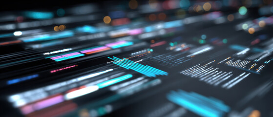 Coding interface futuristic programming screen digital data flow colorful code lines blurred bokeh light