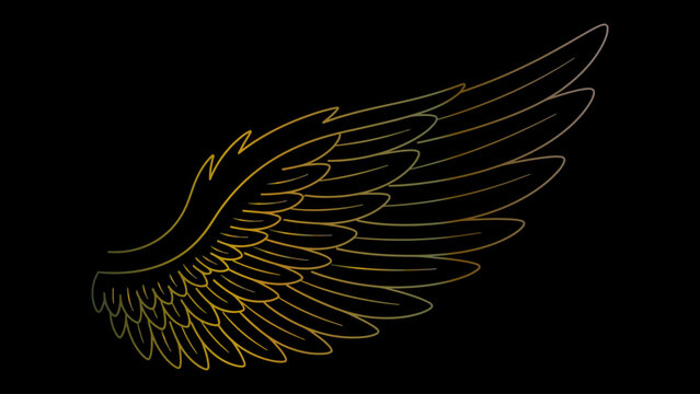 Stylized wing with gradient colors on a black background artistic decorative element for design projects like tattoos, logos, and emblems.