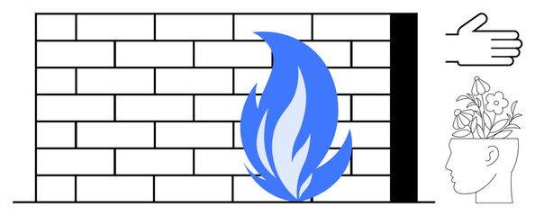 Brick wall and blue flame symbolize firewall security. Head with flowers highlights creativity and ideas. Hand gesture indicates protection. Ideal for innovation, safety, cybersecurity, growth © robu_s