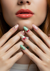 Stylish nail art featuring pastel colors, floral designs, and decorative elements. Perfect for beauty enthusiasts and fashion lovers