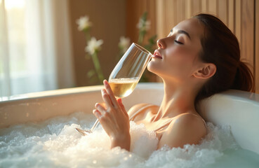 Woman enjoys bubbly bath with champagne. Peaceful lady relaxes in hot tub, feeling serene and pampered. She drinks bubbly, basking in golden sunlight and tranquil spa atmosphere.