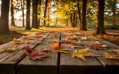 Autumn maple leaves on wooden table perspective, fall season forest park landscape blurred background, orange yellow foliage nature scene sunny day, rustic wood texture for wallpaper banner thanks.