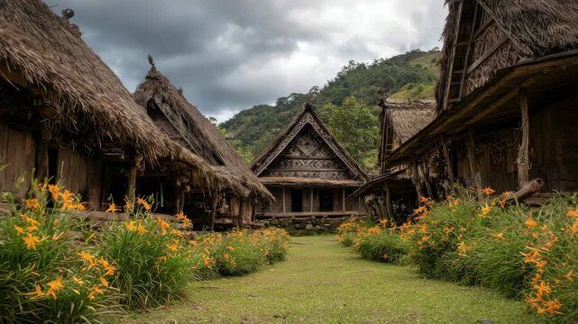 Traditional Thatched Roof Houses with Intricate Wood Carvings Surrounded by Greenery and Orange Flowers Under Cloudy Sky