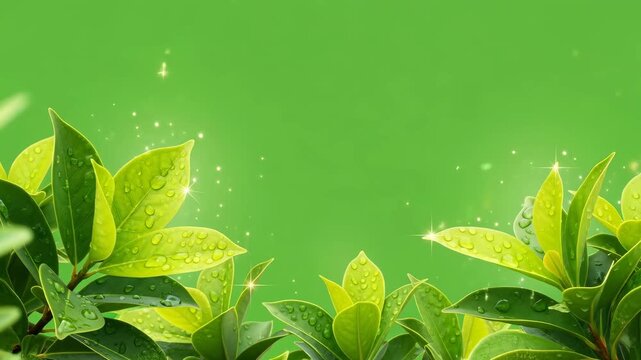 Green plant leaves with water drops and sparkling light effect on green screen for chromakey. Natural border for organic design concept.