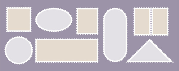 Postage stamp set with beige round and rectangular frames.Jagged wavy borders, vintage mail and postcard templates, retro letter elements, decorative vector shapes for posters and design