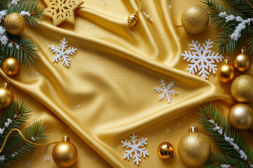 Golden Christmas Background with Ornaments and Snowflakes on Satin Fabric