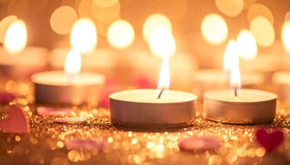 Close-up of lit tea light candles and floating heart confetti. Bokeh lights glow in the background on a glittered surface