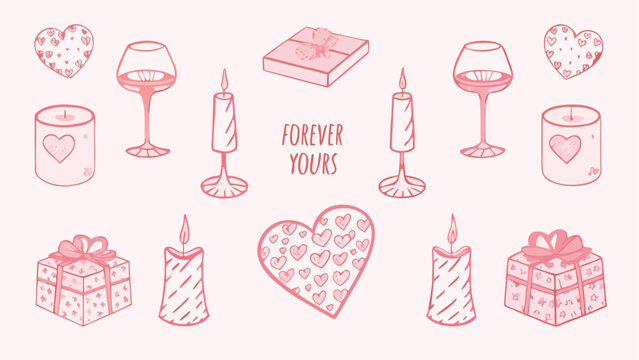Romantic pink heart shaped candlesticks wine glasses gifts candles on a table with forever yours text