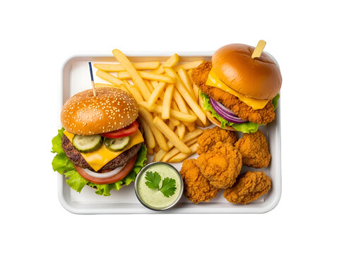 Burger & Crispy Chicken Combo Meal: Golden Fries, Fried Bites & Dipping Sauce on white background