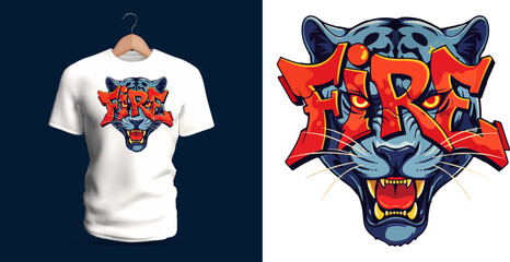 This vector T-shirt showcases a fierce panther head with graffiti lettering reading “Fire.” The design blends hot color tones, dripping paint, sharp outlines, splattered textures, and expressive © nicholasgeorgiou
