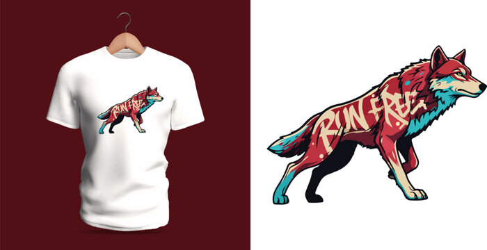 This vector T-shirt shows a running wolf with graffiti lettering reading &ldquo;Run Free.&rdquo; The design includes flowing fur strokes, motion effects, dripping accents, splattered paint, and expressive
