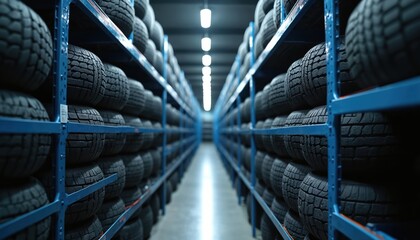 Rows of black vehicle tires are neatly stacked on blue metal shelves in large warehouse. Industrial storage area is well lit with overhead lights. This image relates to automotive maintenance, retail.