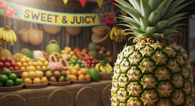 Fresh pineapple and tropical fruit market stand with sweet and juicy banner in summer vacation time - Powered by Adobe