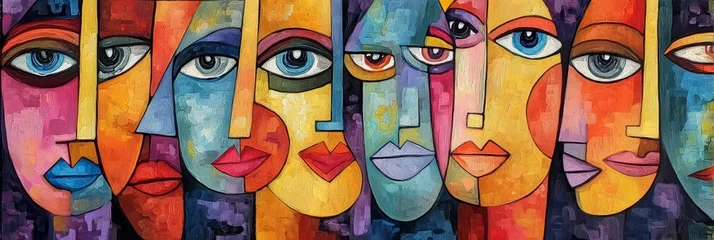 Plexiglas schilderij Abstracte kunst A vibrant abstract artwork featuring multiple colorful faces with bold lines and geometric elements, showcasing intense emotions and artistic creativity.  © tino