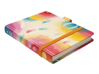 Colorful watercolor notebook with gold elastic closure and vibrant cover art.