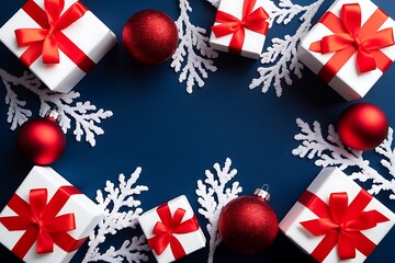 christmas and new year background Holiday Christmas greeting frame with gifts and ornaments on green background, festive winter flat lay top view