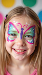 Obraz premium Joyful child with butterfly face paint smiles brightly, showcasing colorful designs and playful expression