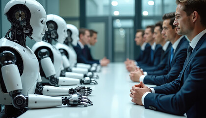 Robots face humans at long table. White humanoid androids meet with businessmen for collaboration. AI automation challenges manpower in future tech. Digital transformation, employee replacement in